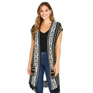 Selfie Couture Longline Geometric  Fringe Trim Sleeveless Sweater Vest Size S